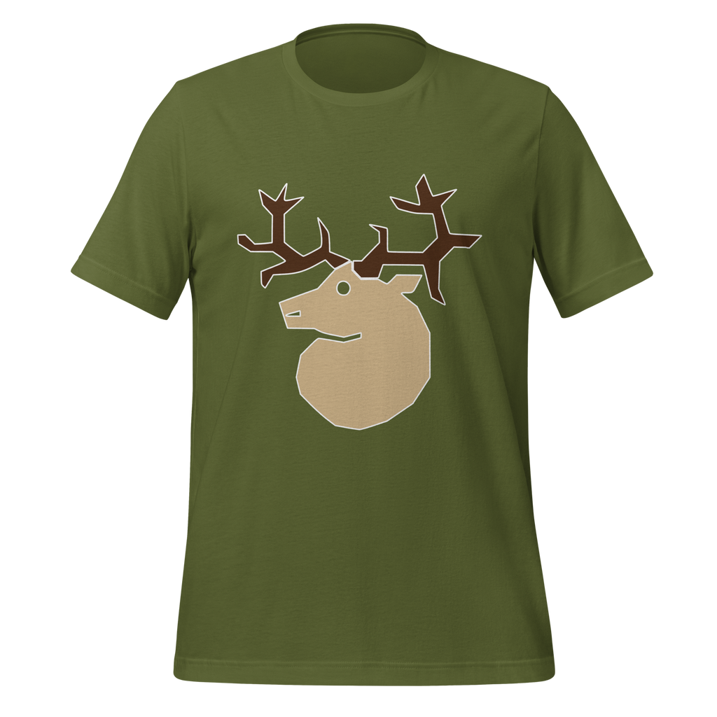 Olive green 100% airlume cotton t-shirt featuring classic fan-made woodland outlaws deer / stag crest design. Item is a BRKDrip AFOL essentials shirt with a vintage castle building blocks aesthetic.