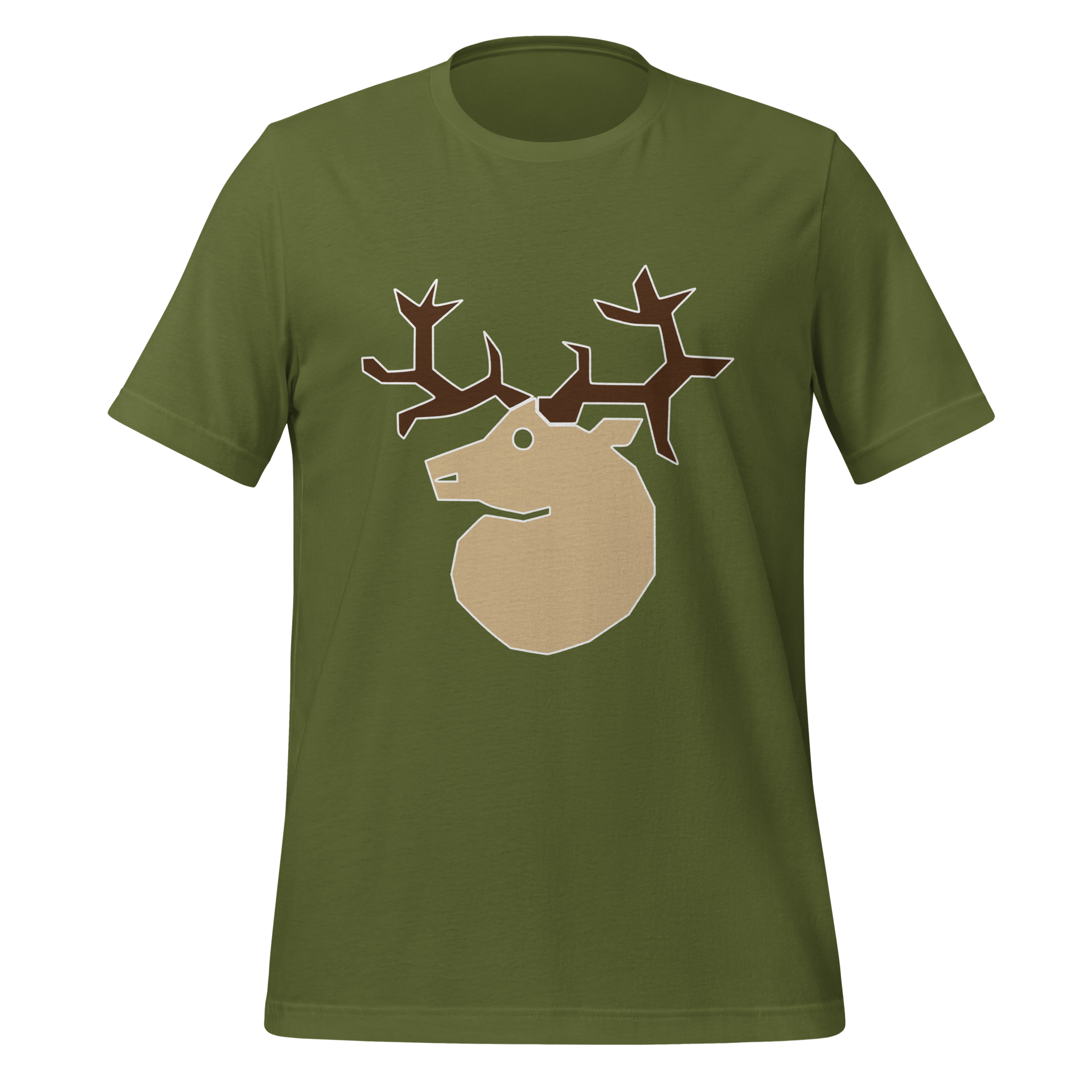 Olive green 100% airlume cotton t-shirt featuring classic fan-made woodland outlaws deer / stag crest design. Item is a BRKDrip AFOL essentials shirt with a vintage castle building blocks aesthetic.