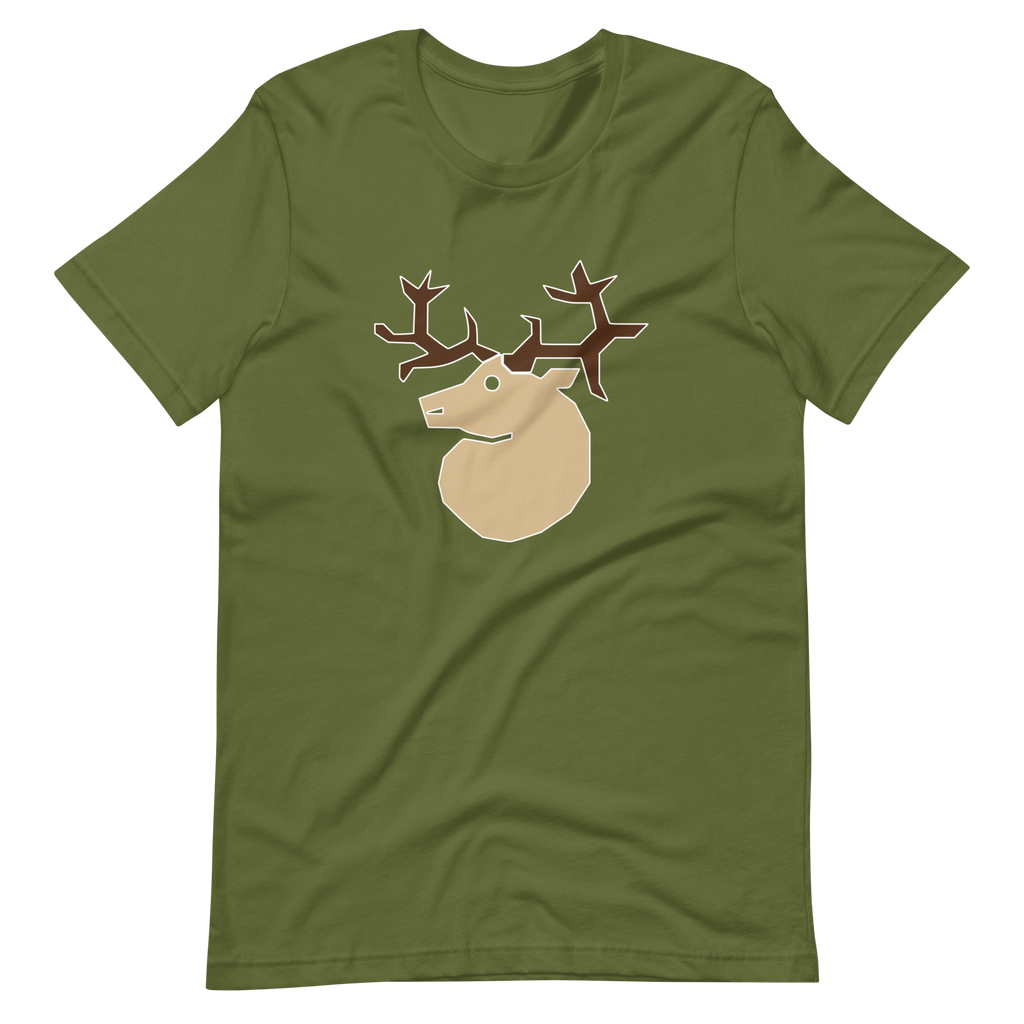 Wrinkled olive green 100% airlume cotton t-shirt featuring classic fan-made white silhouette woodland outlaws deer / stag crest design. Item is a BRKDrip AFOL essentials shirt with a vintage castle building blocks aesthetic.