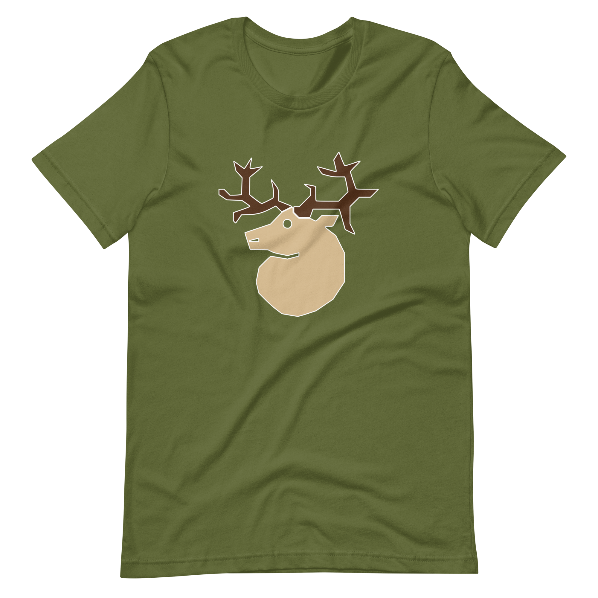 Wrinkled olive green 100% airlume cotton t-shirt featuring classic fan-made white silhouette woodland outlaws deer / stag crest design. Item is a BRKDrip AFOL essentials shirt with a vintage castle building blocks aesthetic.