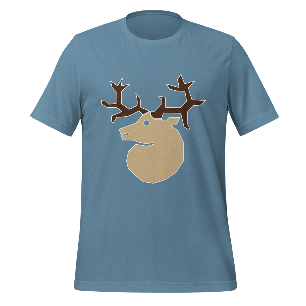 Steel blue 100% airlume cotton t-shirt featuring classic fan-made woodland outlaws deer / stag crest design. Item is a BRKDrip AFOL essentials shirt with a vintage castle building blocks aesthetic.