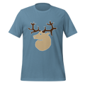 Steel blue 100% airlume cotton t-shirt featuring classic fan-made woodland outlaws deer / stag crest design. Item is a BRKDrip AFOL essentials shirt with a vintage castle building blocks aesthetic.