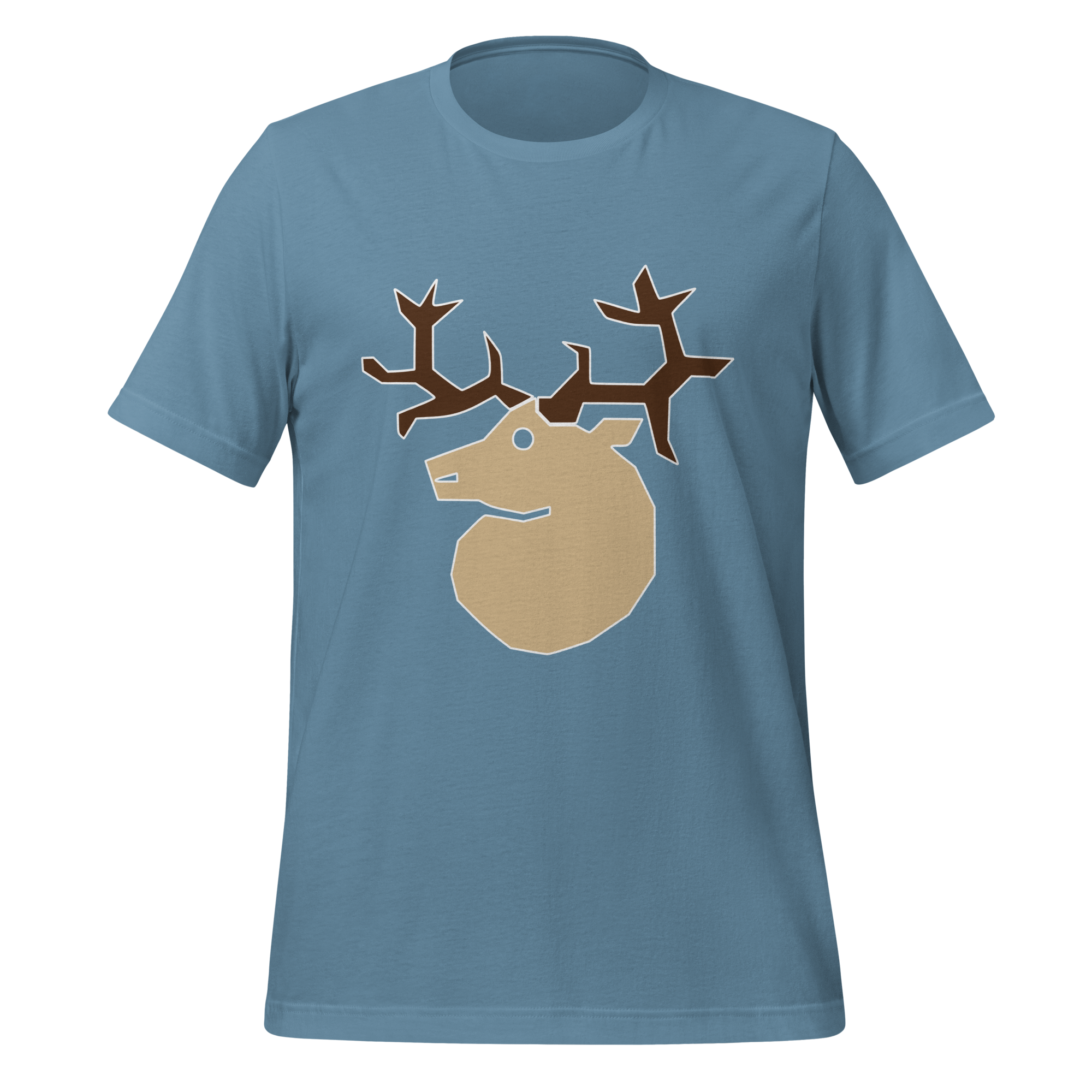 Steel blue 100% airlume cotton t-shirt featuring classic fan-made woodland outlaws deer / stag crest design. Item is a BRKDrip AFOL essentials shirt with a vintage castle building blocks aesthetic.