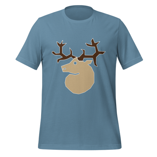 Steel blue 100% airlume cotton t-shirt featuring classic fan-made woodland outlaws deer / stag crest design. Item is a BRKDrip AFOL essentials shirt with a vintage castle building blocks aesthetic.