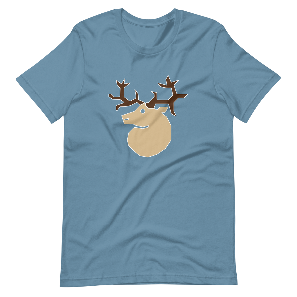 Wrinkled steel blue 100% airlume cotton t-shirt featuring classic fan-made white silhouette woodland outlaws deer / stag crest design. Item is a BRKDrip AFOL essentials shirt with a vintage castle building blocks aesthetic.