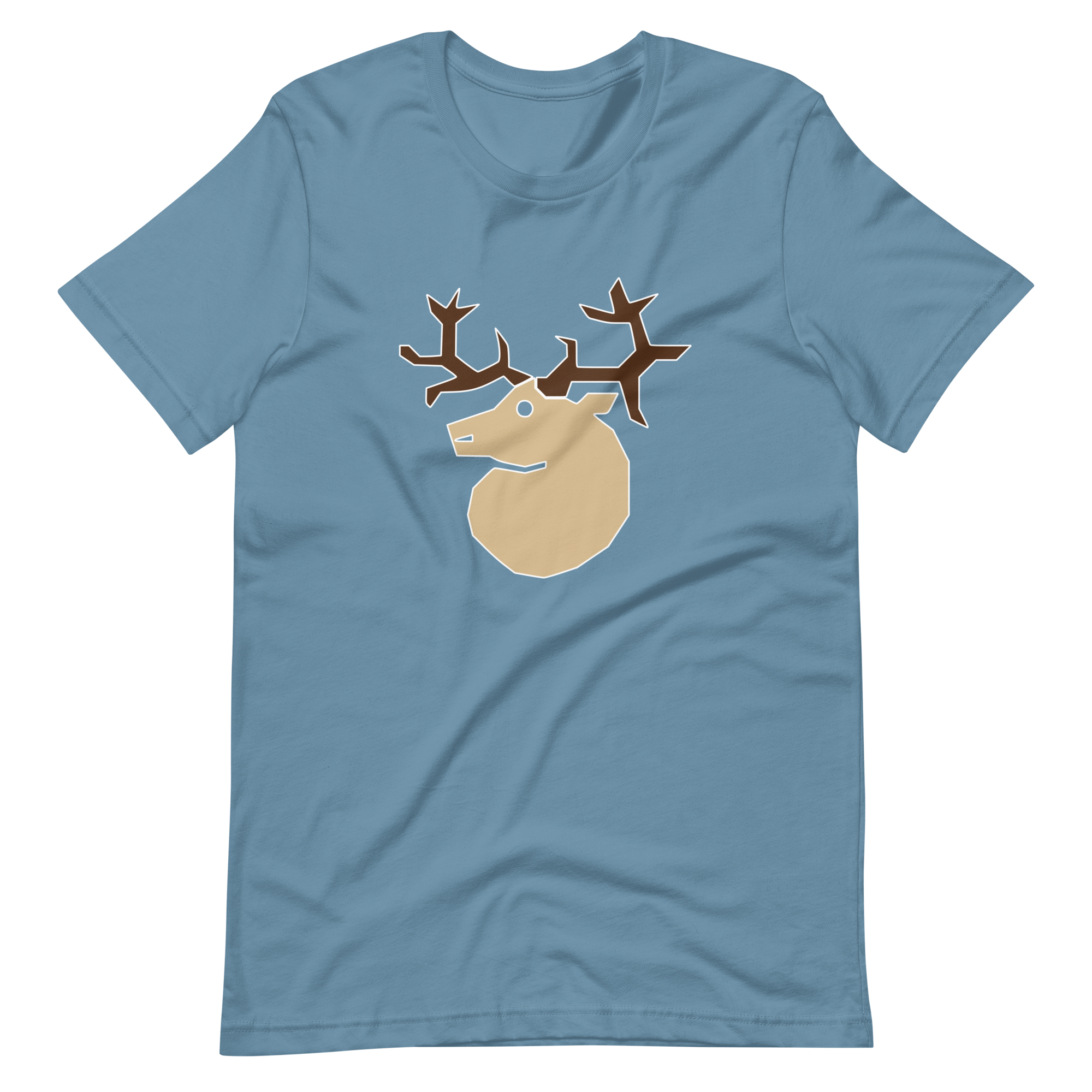 Wrinkled steel blue 100% airlume cotton t-shirt featuring classic fan-made white silhouette woodland outlaws deer / stag crest design. Item is a BRKDrip AFOL essentials shirt with a vintage castle building blocks aesthetic.
