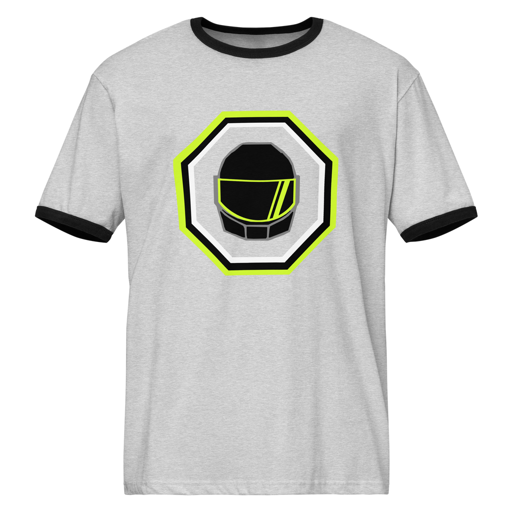 Grey airlume cotton t-shirt featuring classic fan-made galactic spies helmet design with high-contrast black ribbing on the sleeve and neck. Item is a BRKDrip Retro Collection t-shirt with a vintage space building blocks aesthetic.