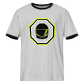 Grey airlume cotton t-shirt featuring classic fan-made galactic spies helmet design with high-contrast black ribbing on the sleeve and neck. Item is a BRKDrip Retro Collection t-shirt with a vintage space building blocks aesthetic.