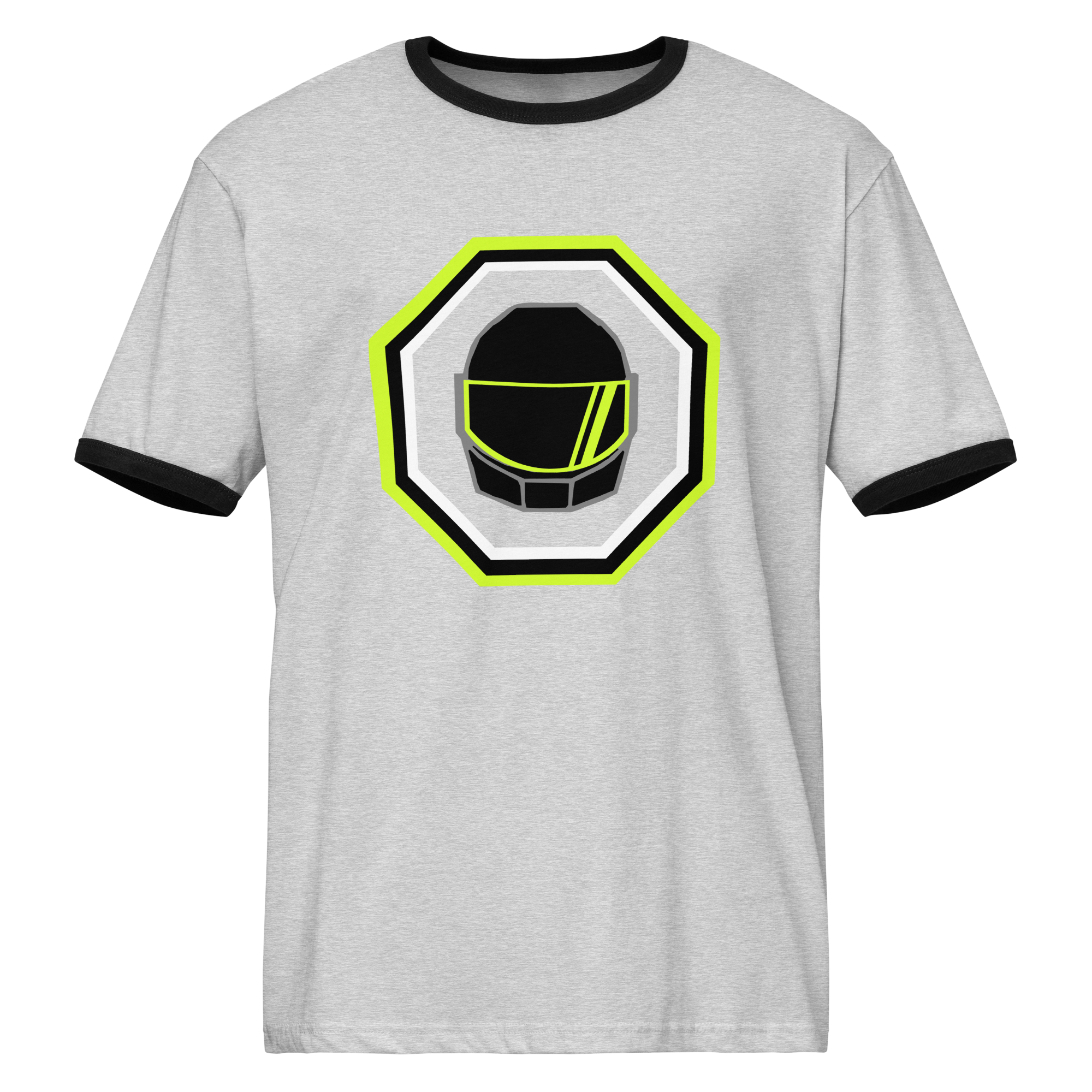 Grey airlume cotton t-shirt featuring classic fan-made galactic spies helmet design with high-contrast black ribbing on the sleeve and neck. Item is a BRKDrip Retro Collection t-shirt with a vintage space building blocks aesthetic.