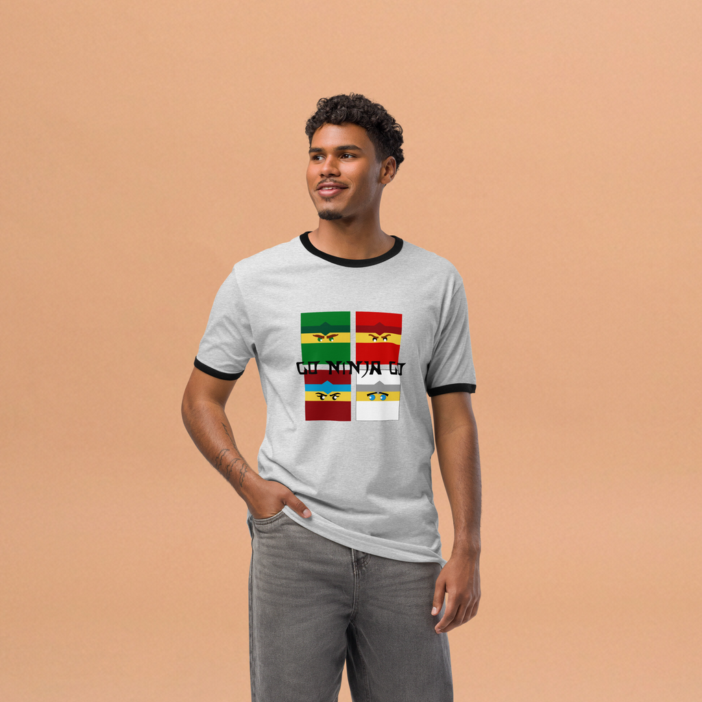 Fashionable male model wearing grey airlume cotton t-shirt featuring four boxy ninja heads and parody crossover AFOL saying design with high-contrast black ribbing on the sleeve and neck. Item is a BRKDrip Retro Collection t-shirt with a modern elemental brick master aesthetic.