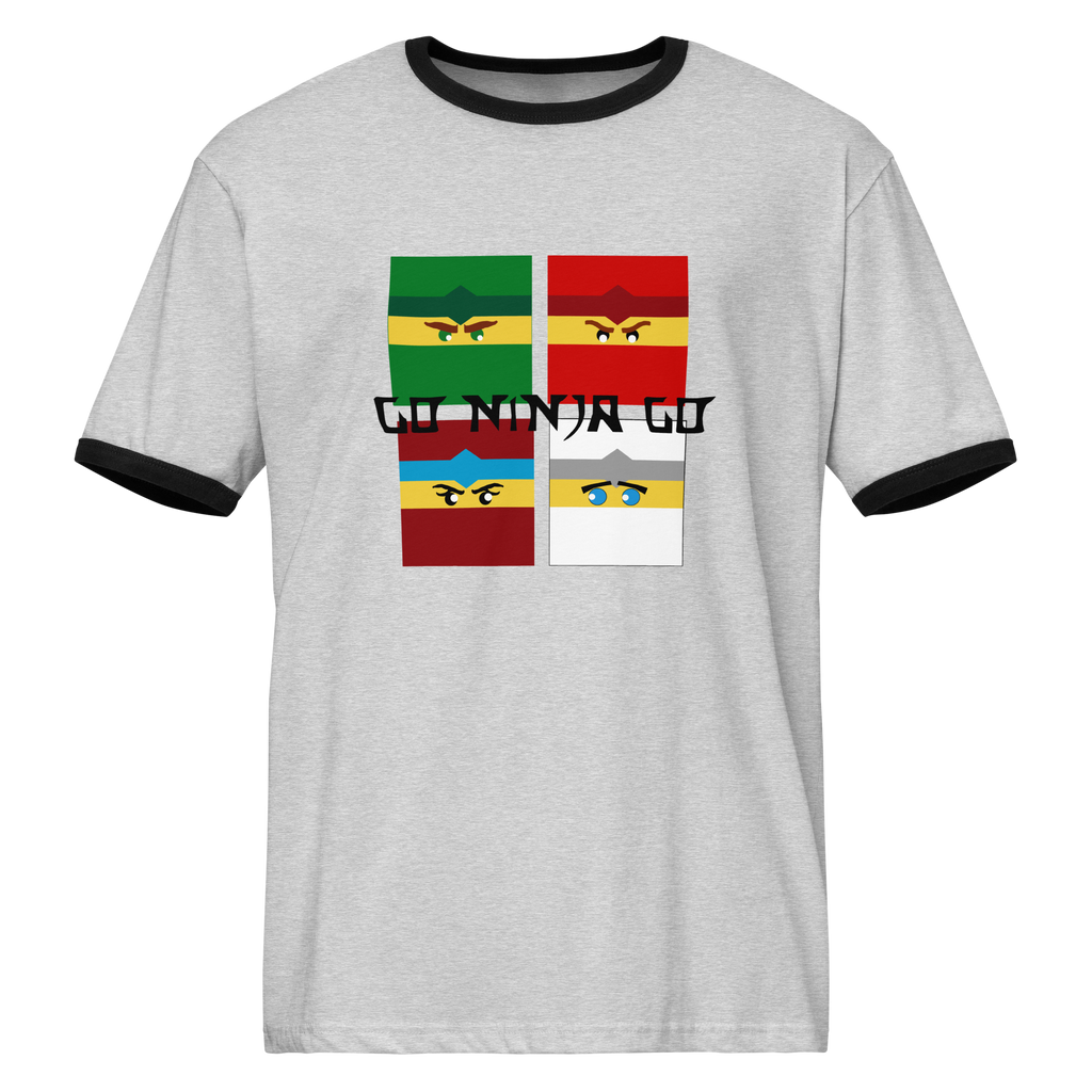 Grey airlume cotton t-shirt featuring four boxy ninja heads and parody crossover AFOL saying design with high-contrast black ribbing on the sleeve and neck. Item is a BRKDrip Retro Collection t-shirt with a modern elemental brick master aesthetic.