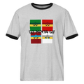 Grey airlume cotton t-shirt featuring four boxy ninja heads and parody crossover AFOL saying design with high-contrast black ribbing on the sleeve and neck. Item is a BRKDrip Retro Collection t-shirt with a modern elemental brick master aesthetic.