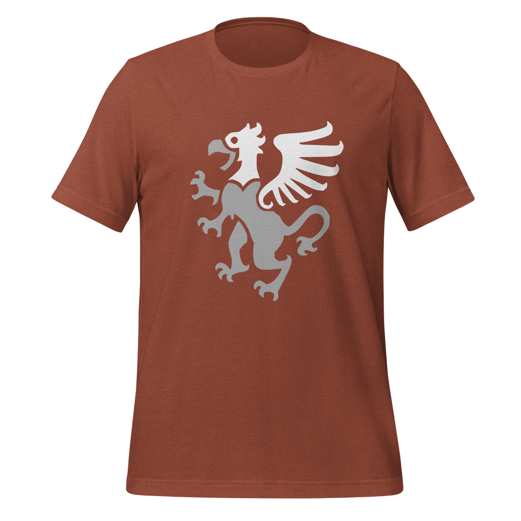 Heather clay 100% airlume cotton t-shirt featuring classic fan-made gryphon design. Item is a BRKDrip AFOL essentials shirt with a vintage castle building blocks aesthetic.