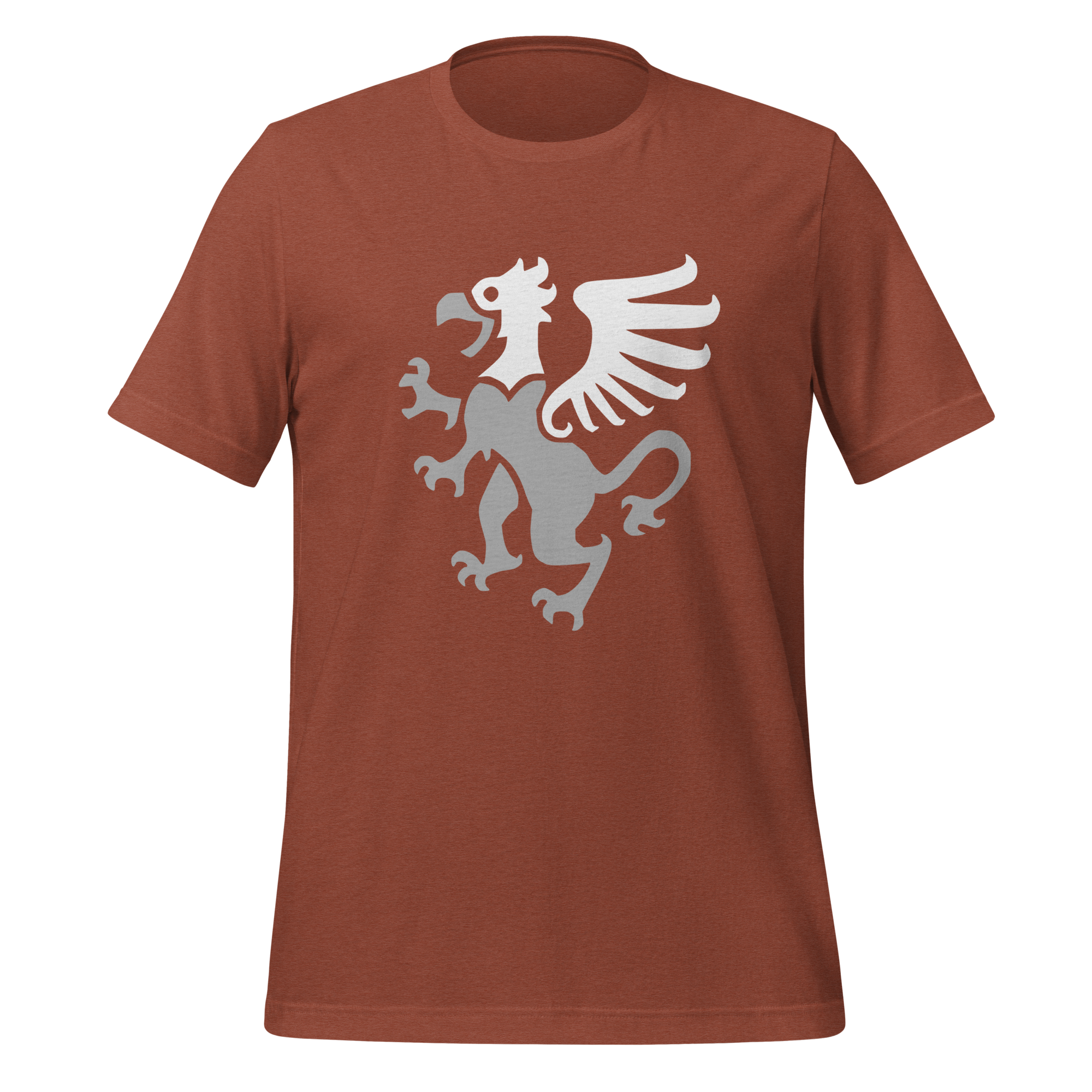 Heather clay 100% airlume cotton t-shirt featuring classic fan-made gryphon design. Item is a BRKDrip AFOL essentials shirt with a vintage castle building blocks aesthetic.