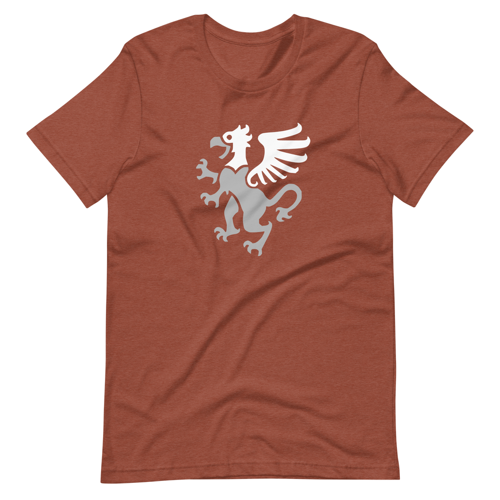 Wrinkled heather clay 100% airlume cotton t-shirt featuring classic fan-made gryphon design. Item is a BRKDrip AFOL essentials shirt with a vintage castle building blocks aesthetic.