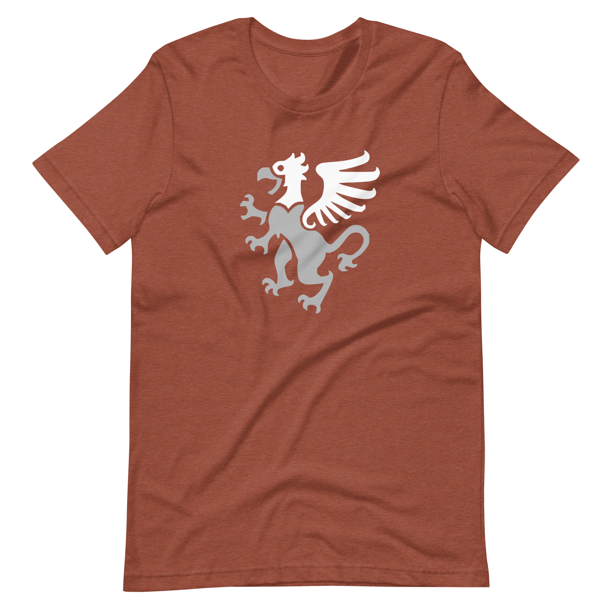 Wrinkled heather clay 100% airlume cotton t-shirt featuring classic fan-made gryphon design. Item is a BRKDrip AFOL essentials shirt with a vintage castle building blocks aesthetic.