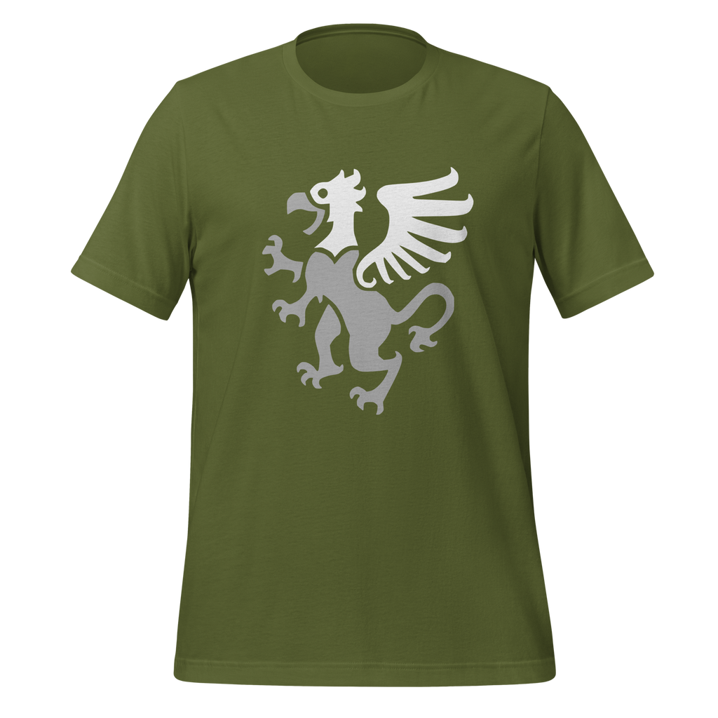 Olive green 100% airlume cotton t-shirt featuring classic fan-made gryphon design. Item is a BRKDrip AFOL essentials shirt with a vintage castle building blocks aesthetic.