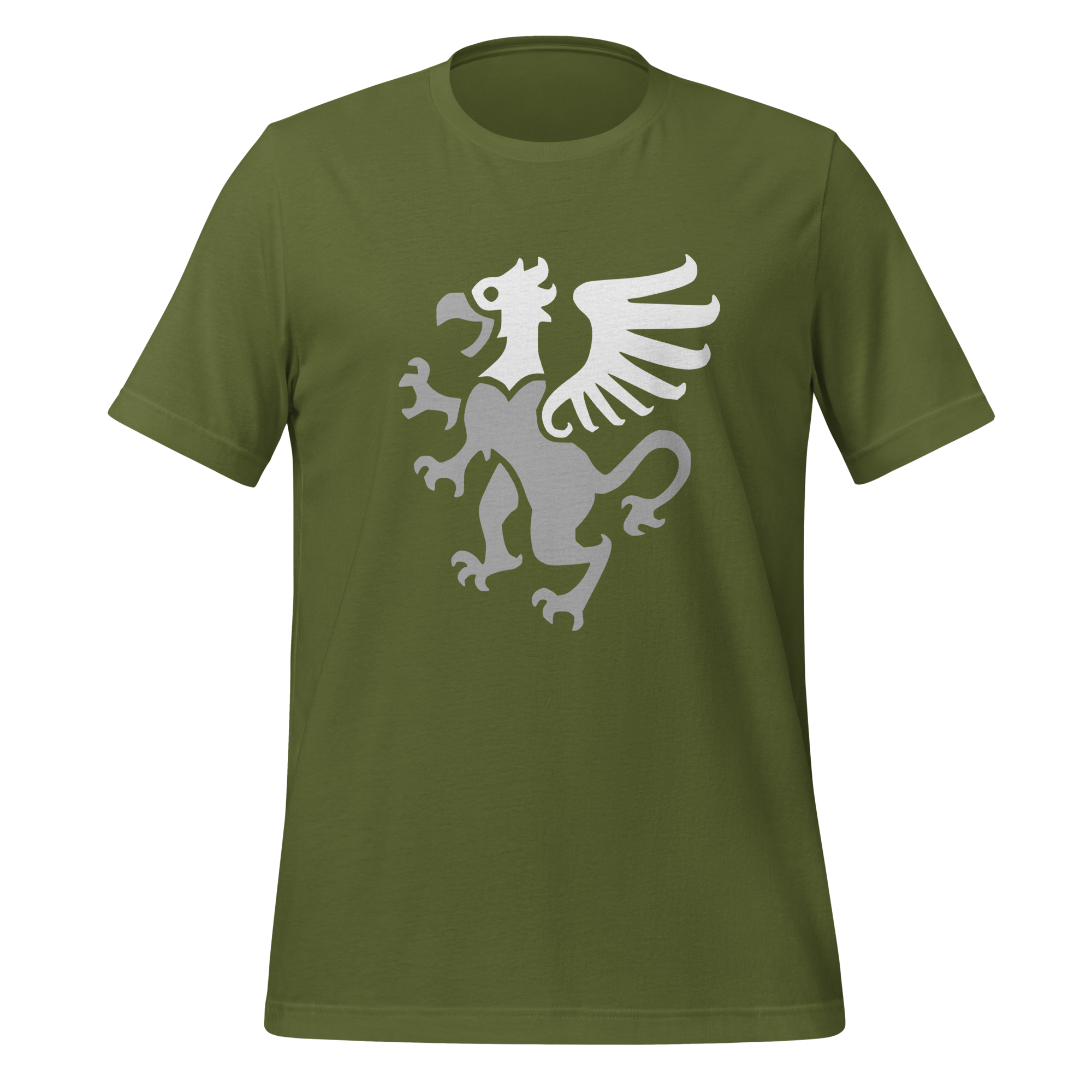 Olive green 100% airlume cotton t-shirt featuring classic fan-made gryphon design. Item is a BRKDrip AFOL essentials shirt with a vintage castle building blocks aesthetic.