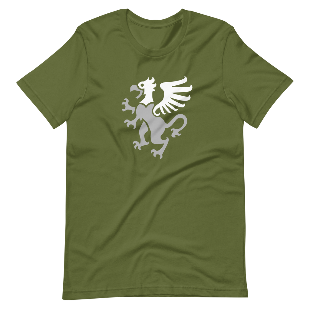 Wrinkled olive green 100% airlume cotton t-shirt featuring classic fan-made gryphon design. Item is a BRKDrip AFOL essentials shirt with a vintage castle building blocks aesthetic.