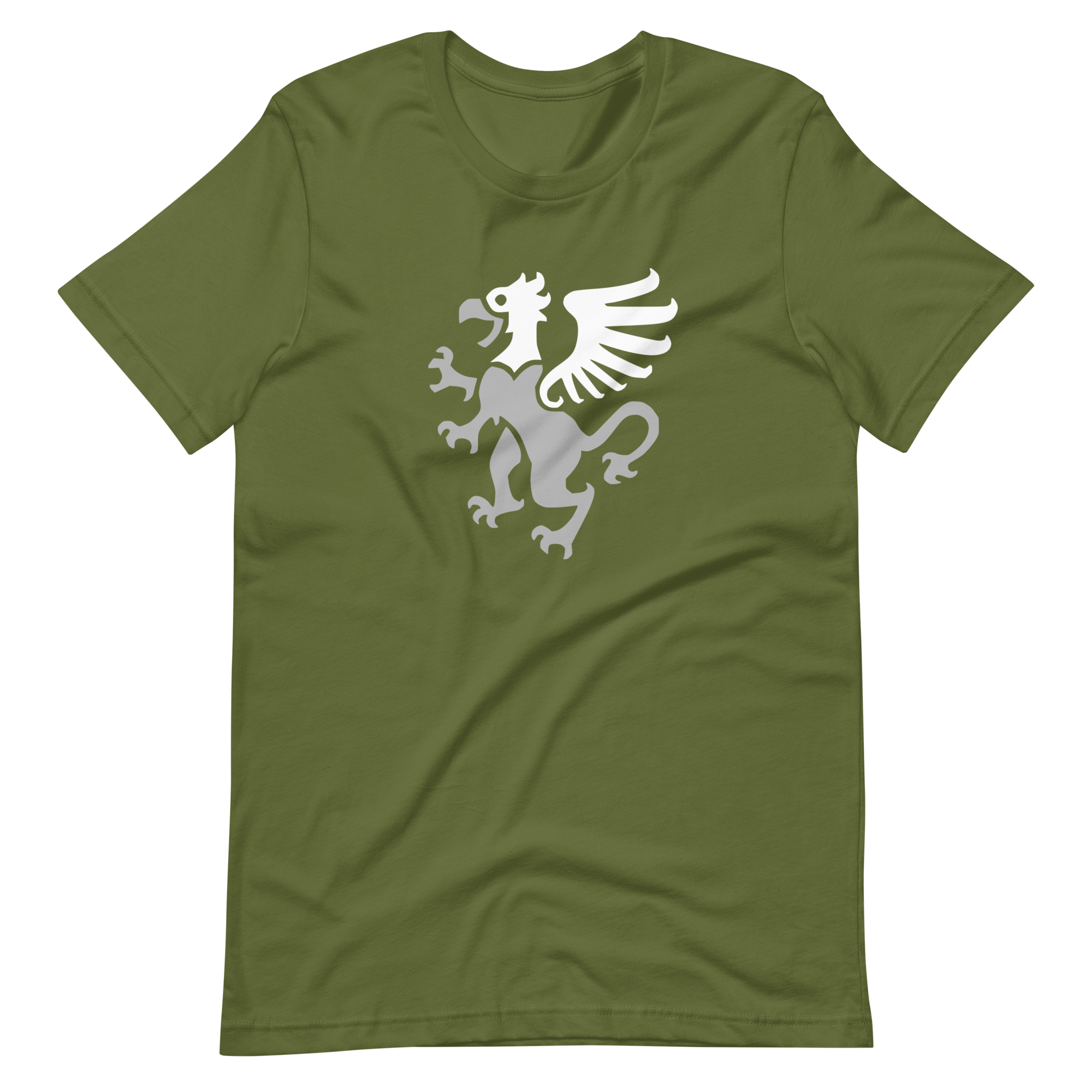 Wrinkled olive green 100% airlume cotton t-shirt featuring classic fan-made gryphon design. Item is a BRKDrip AFOL essentials shirt with a vintage castle building blocks aesthetic.