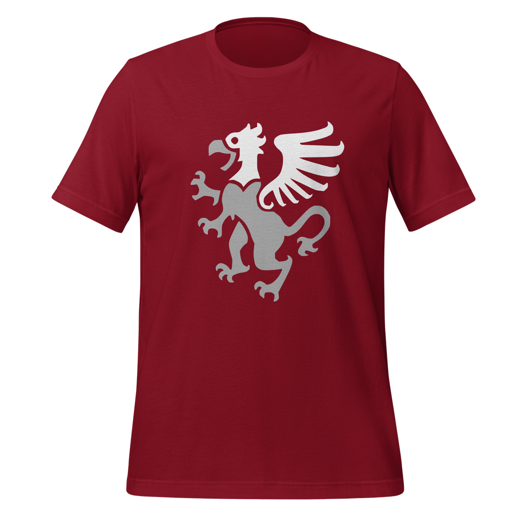 Cardinal red 100% airlume cotton t-shirt featuring classic fan-made gryphon design. Item is a BRKDrip AFOL essentials shirt with a vintage castle building blocks aesthetic.