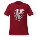 Cardinal red 100% airlume cotton t-shirt featuring classic fan-made gryphon design. Item is a BRKDrip AFOL essentials shirt with a vintage castle building blocks aesthetic.