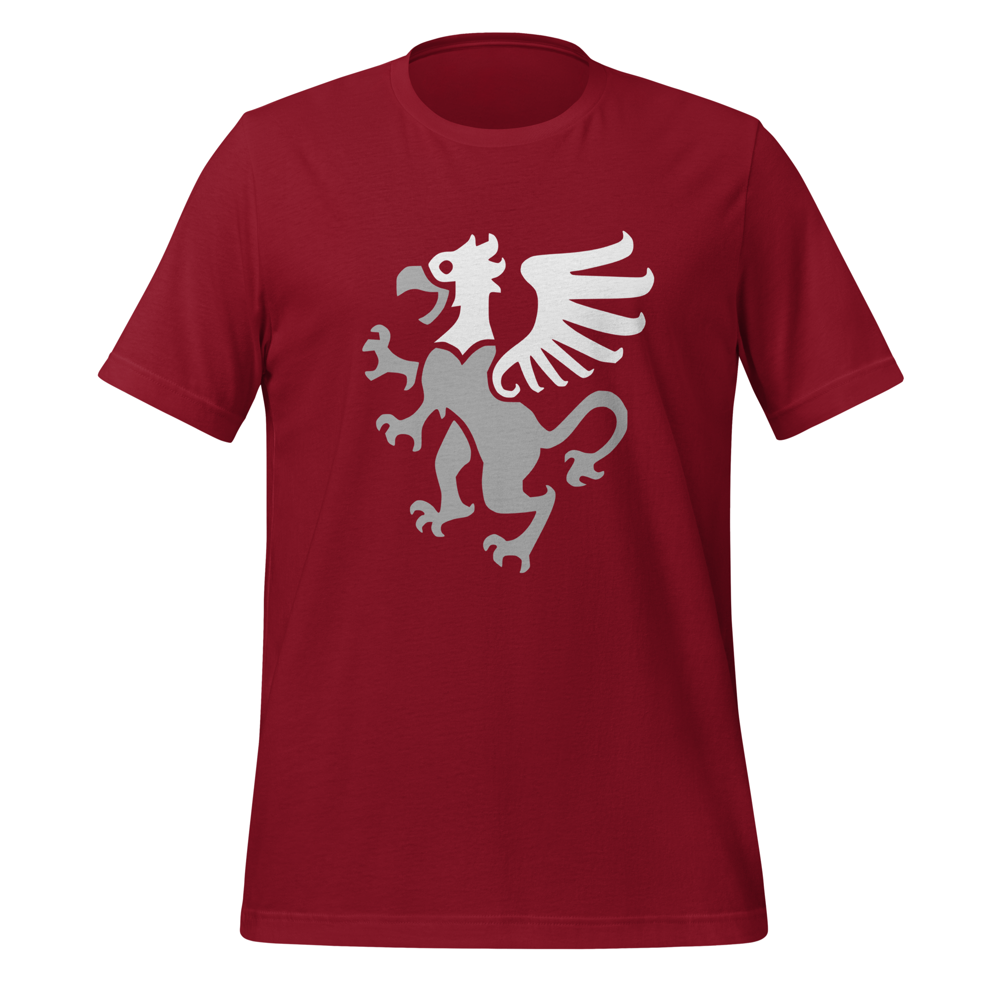 Cardinal red 100% airlume cotton t-shirt featuring classic fan-made gryphon design. Item is a BRKDrip AFOL essentials shirt with a vintage castle building blocks aesthetic.