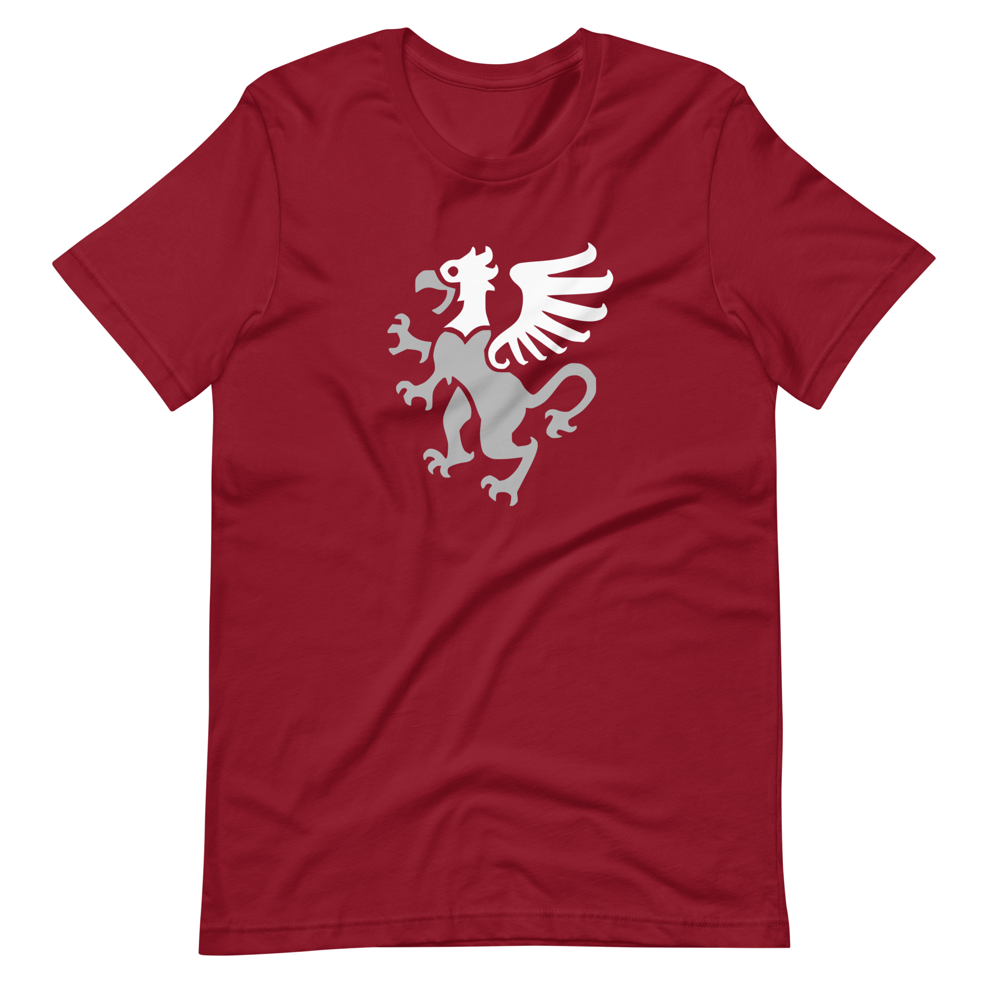 Wrinkled cardinal red 100% airlume cotton t-shirt featuring classic fan-made gryphon design. Item is a BRKDrip AFOL essentials shirt with a vintage castle building blocks aesthetic.