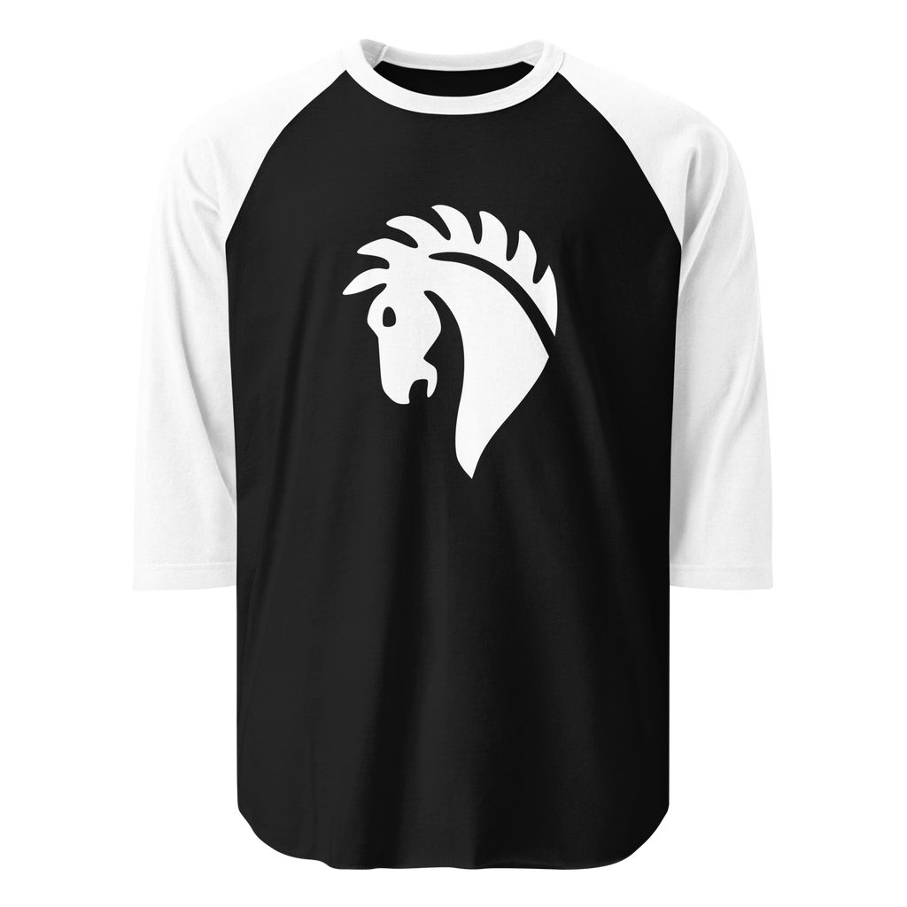 Black 100% cotton shirt with white 3/4 length sleeves featuring classic fan-made horse knights emblem in matching white. Item is a BRKDrip retro collection baseball tee with a vintage castle building blocks aesthetic.