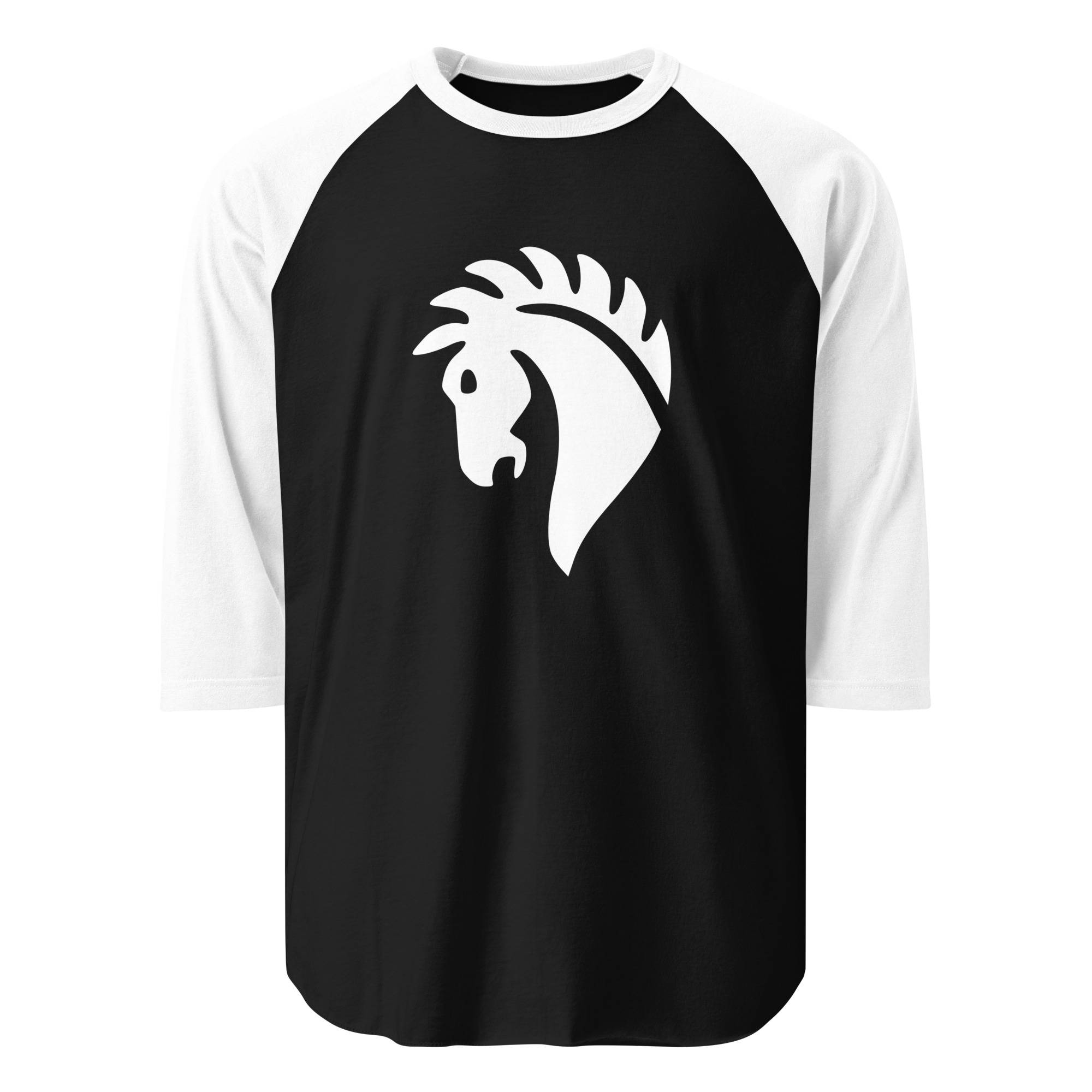 Black 100% cotton shirt with white 3/4 length sleeves featuring classic fan-made horse knights emblem in matching white. Item is a BRKDrip retro collection baseball tee with a vintage castle building blocks aesthetic.
