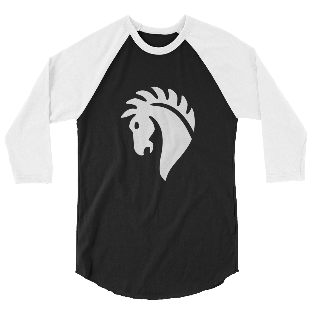 Flat black 100% cotton shirt with white 3/4 length sleeves featuring classic fan-made horse knights emblem in matching white. Item is a BRKDrip retro collection baseball tee with a vintage castle building blocks aesthetic.