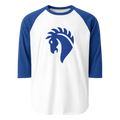 White 100% cotton shirt with blue 3/4 length sleeves featuring classic fan-made horse knights emblem in matching blue. Item is a BRKDrip retro collection baseball tee with a vintage castle building blocks aesthetic.