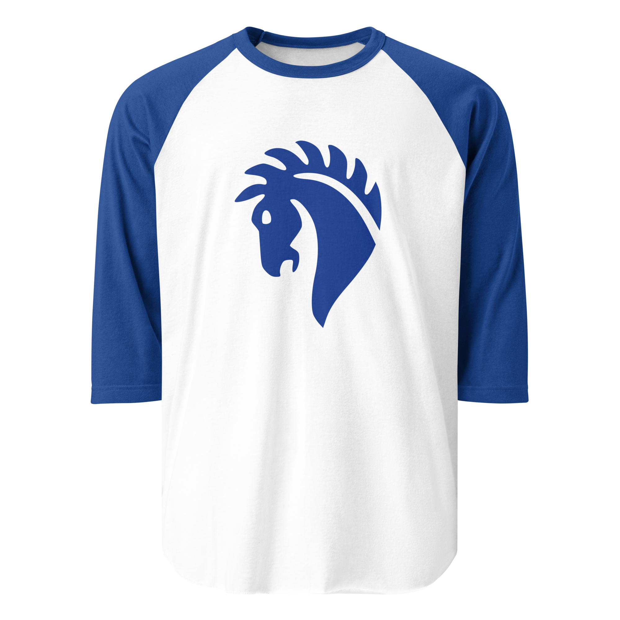 White 100% cotton shirt with blue 3/4 length sleeves featuring classic fan-made horse knights emblem in matching blue. Item is a BRKDrip retro collection baseball tee with a vintage castle building blocks aesthetic.