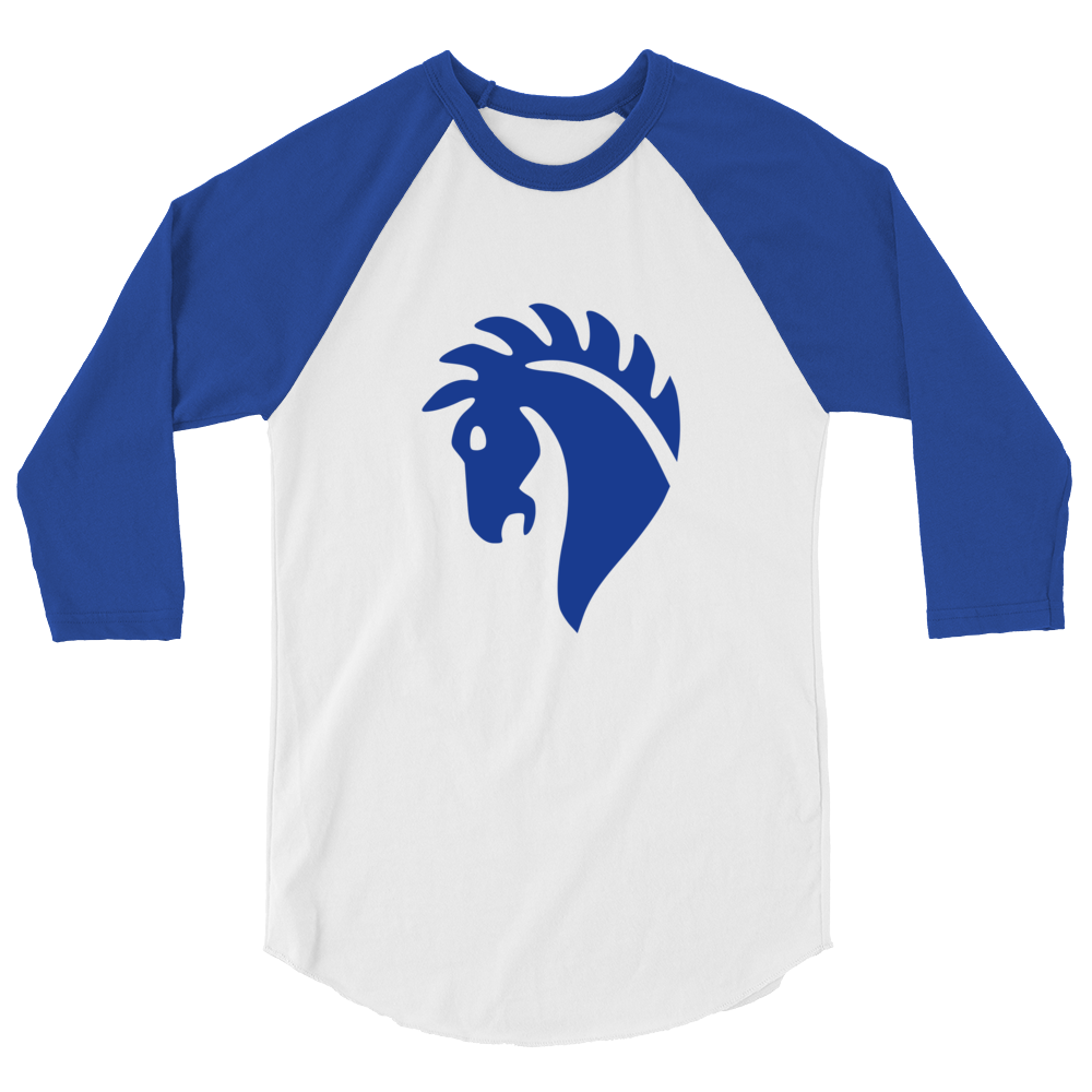 Flat white 100% cotton shirt with blue 3/4 length sleeves featuring classic fan-made horse knights emblem in matching blue. Item is a BRKDrip retro collection baseball tee with a vintage castle building blocks aesthetic.