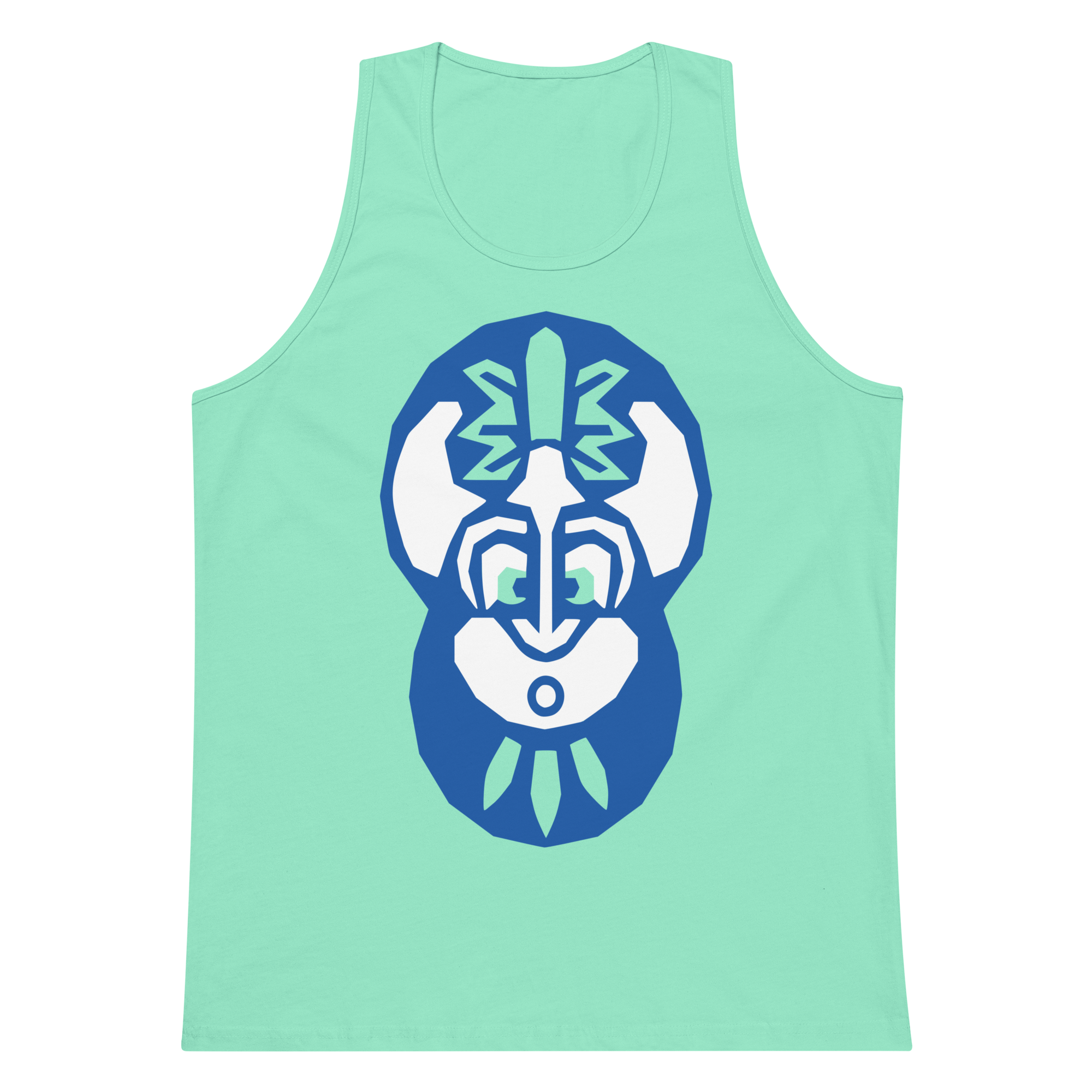 Mint-colored 100% airlume cotton t-shirt featuring classic fan-made "king of the enchanted isle" design. Item is a summer wear premium tank top with a vintage pirate building blocks aesthetic.