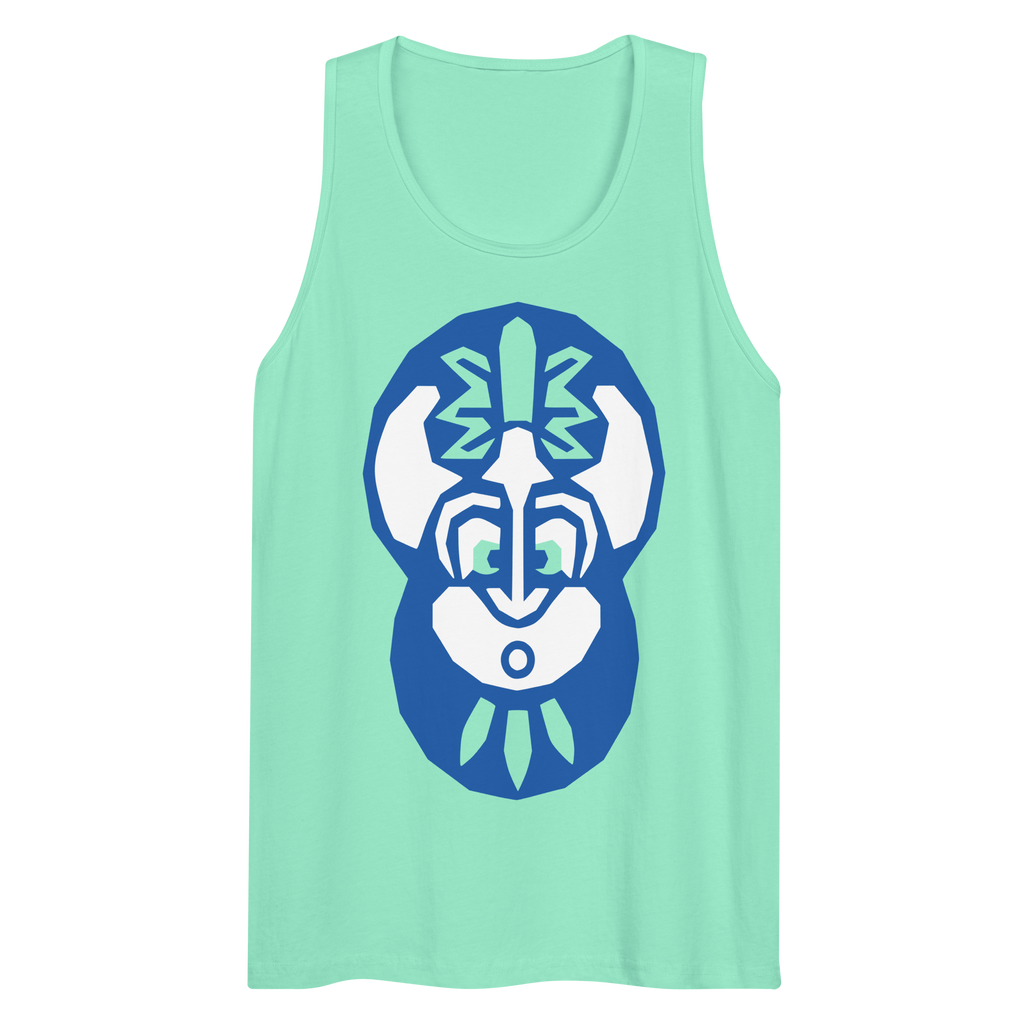Wrinkled mint-colored 100% airlume cotton t-shirt featuring classic fan-made "king of the enchanted isle" design. Item is a summer wear premium tank top with a vintage pirate building blocks aesthetic.