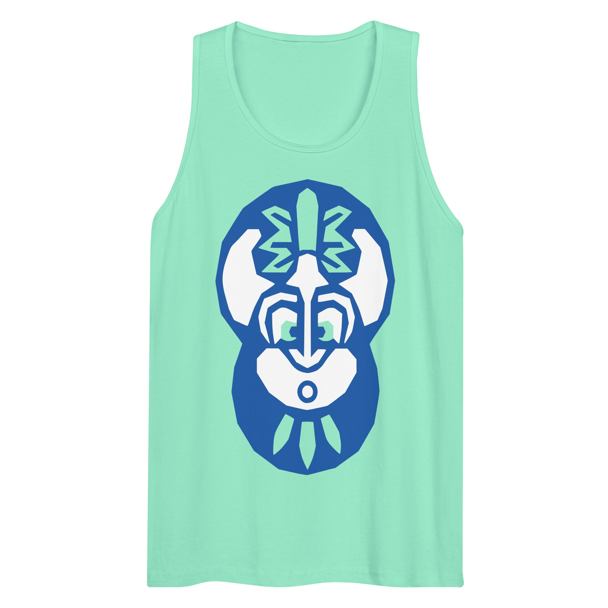 Wrinkled mint-colored 100% airlume cotton t-shirt featuring classic fan-made "king of the enchanted isle" design. Item is a summer wear premium tank top with a vintage pirate building blocks aesthetic.