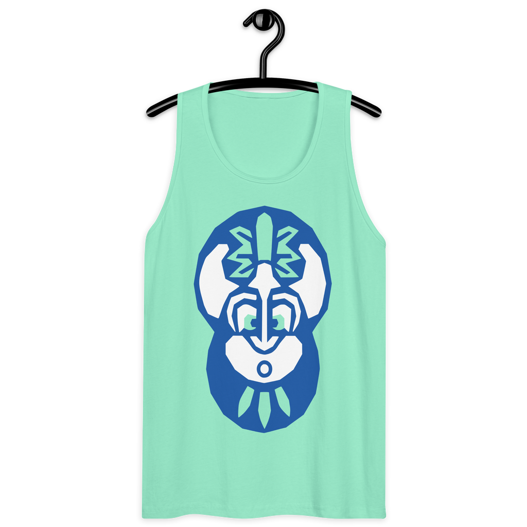 Mint-colored 100% airlume cotton t-shirt on a hanger featuring classic fan-made "king of the enchanted isle" design. Item is a summer wear premium tank top with a vintage pirate building blocks aesthetic.