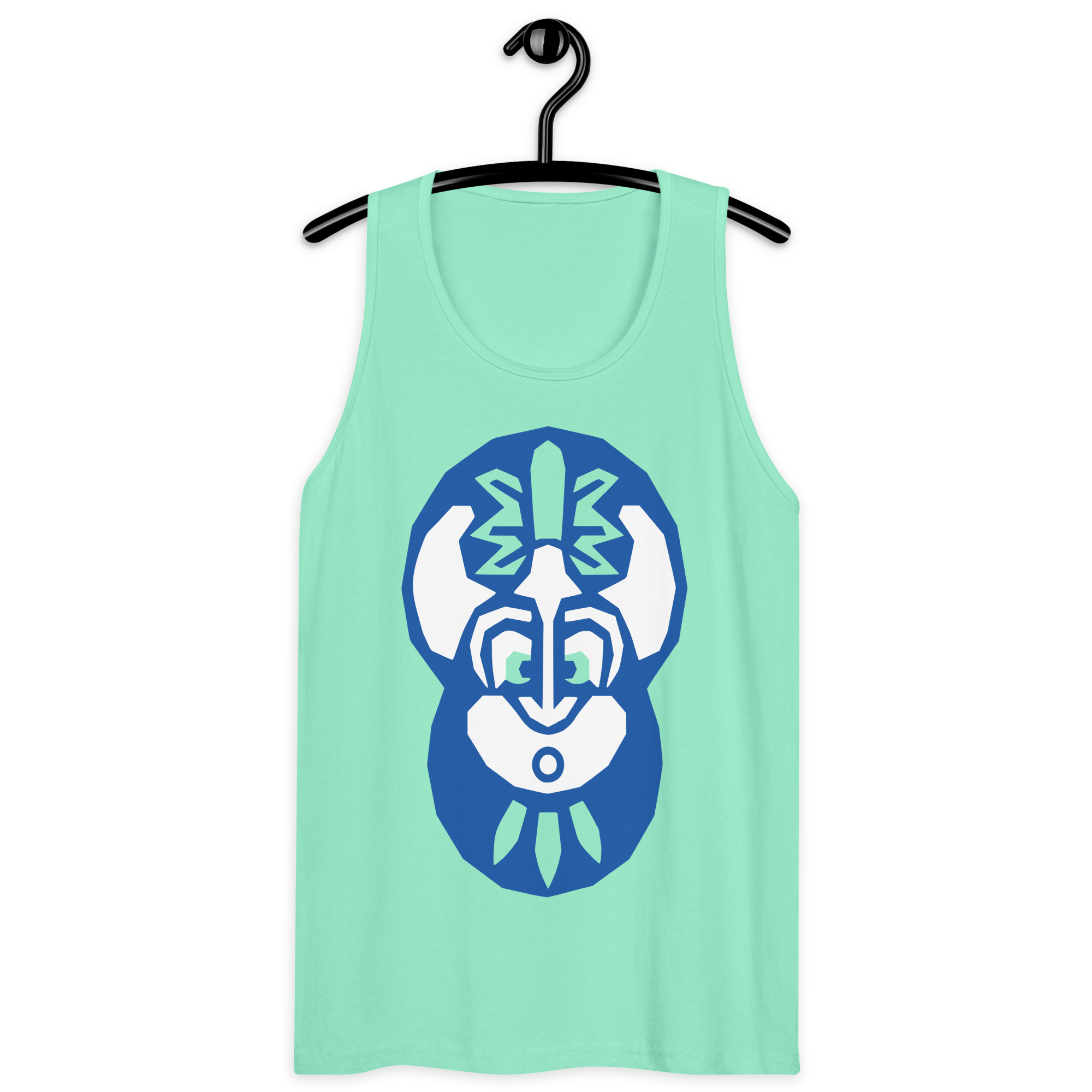 Mint-colored 100% airlume cotton t-shirt on a hanger featuring classic fan-made "king of the enchanted isle" design. Item is a summer wear premium tank top with a vintage pirate building blocks aesthetic.