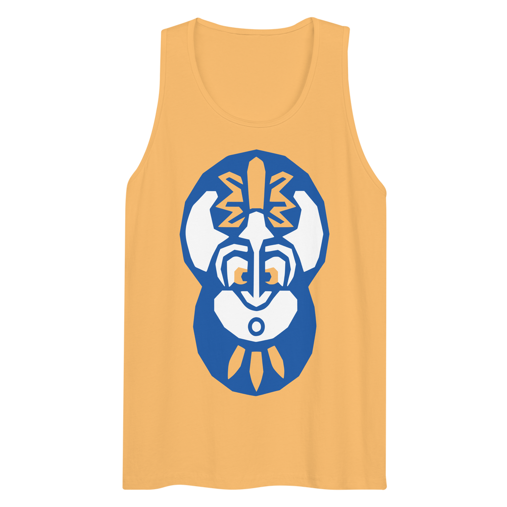 Wrinkled squash-colored 100% airlume cotton t-shirt featuring classic fan-made "king of the enchanted isle" design. Item is a summer wear premium tank top with a vintage pirate building blocks aesthetic.