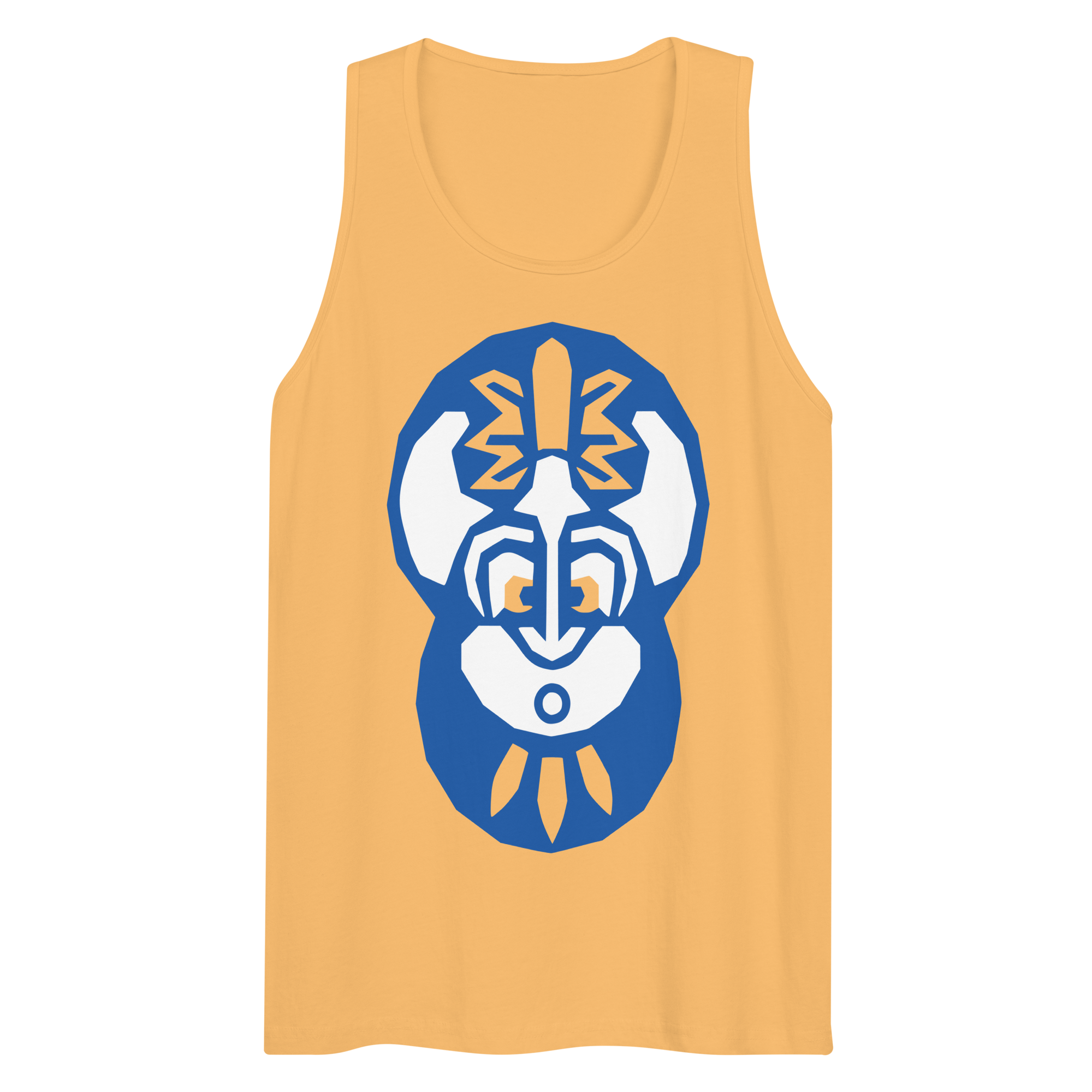 Wrinkled squash-colored 100% airlume cotton t-shirt featuring classic fan-made "king of the enchanted isle" design. Item is a summer wear premium tank top with a vintage pirate building blocks aesthetic.