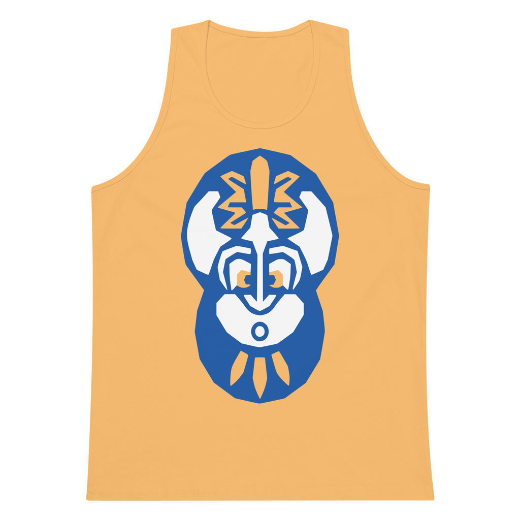 Squash-colored 100% airlume cotton t-shirt featuring classic fan-made "king of the enchanted isle" design. Item is a summer wear premium tank top with a vintage pirate building blocks aesthetic.
