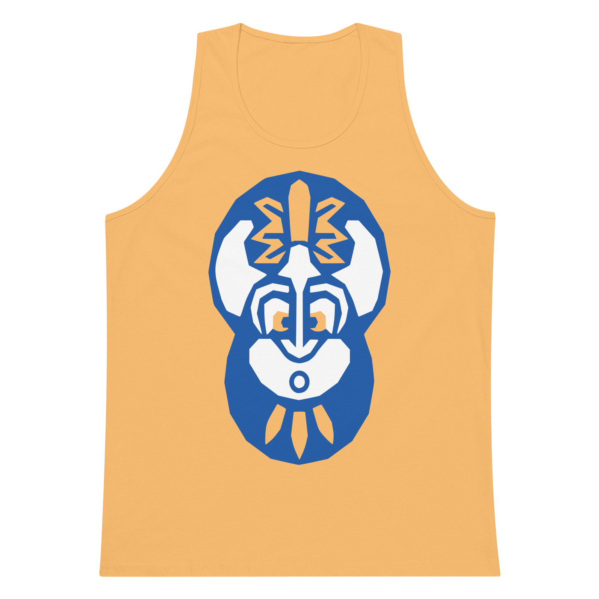 Squash-colored 100% airlume cotton t-shirt featuring classic fan-made "king of the enchanted isle" design. Item is a summer wear premium tank top with a vintage pirate building blocks aesthetic.