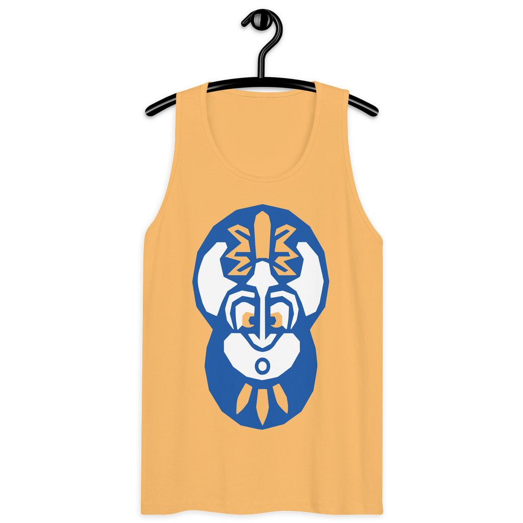 Squash-colored 100% airlume cotton t-shirt on a hanger featuring classic fan-made "king of the enchanted isle" design. Item is a summer wear premium tank top with a vintage pirate building blocks aesthetic.