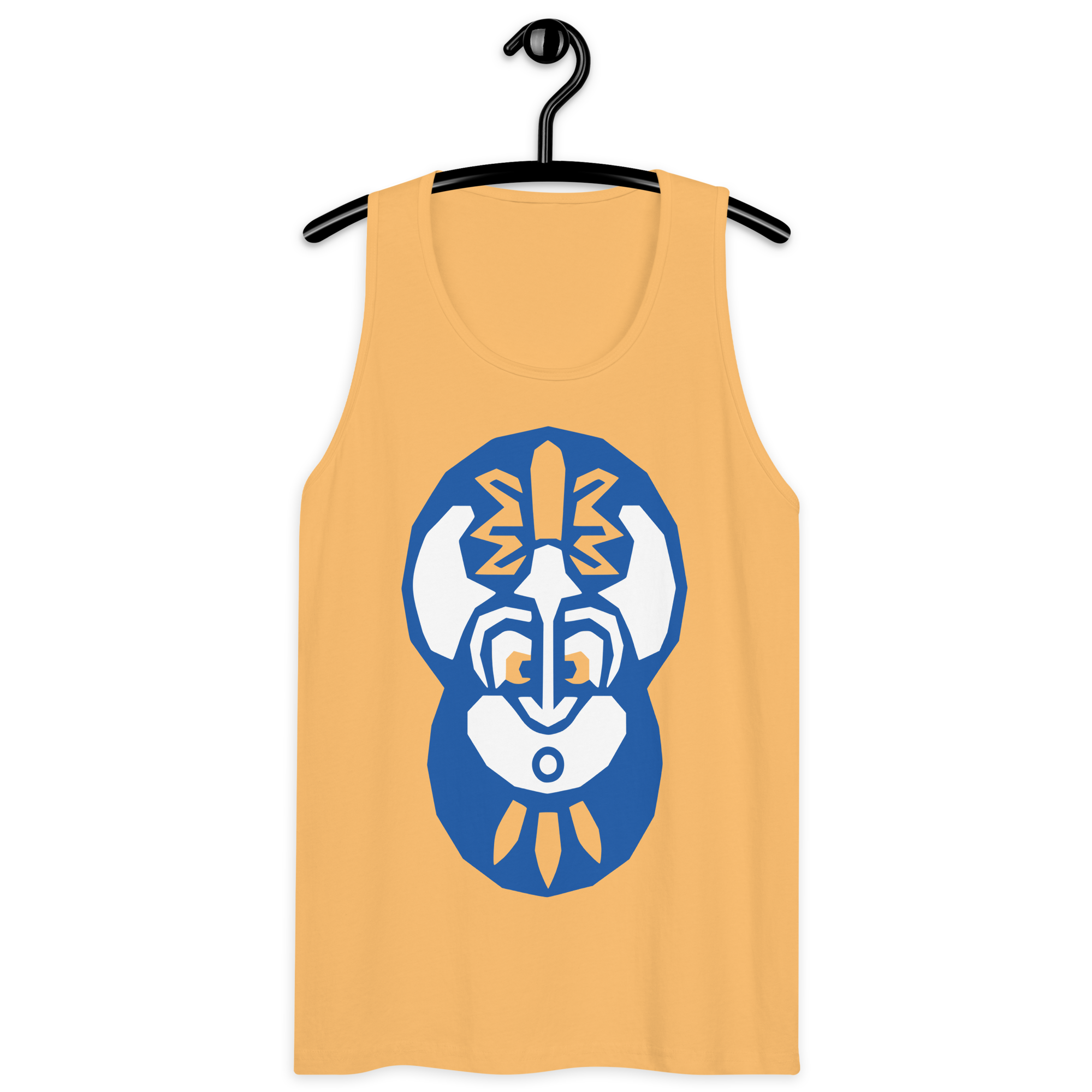Squash-colored 100% airlume cotton t-shirt on a hanger featuring classic fan-made "king of the enchanted isle" design. Item is a summer wear premium tank top with a vintage pirate building blocks aesthetic.