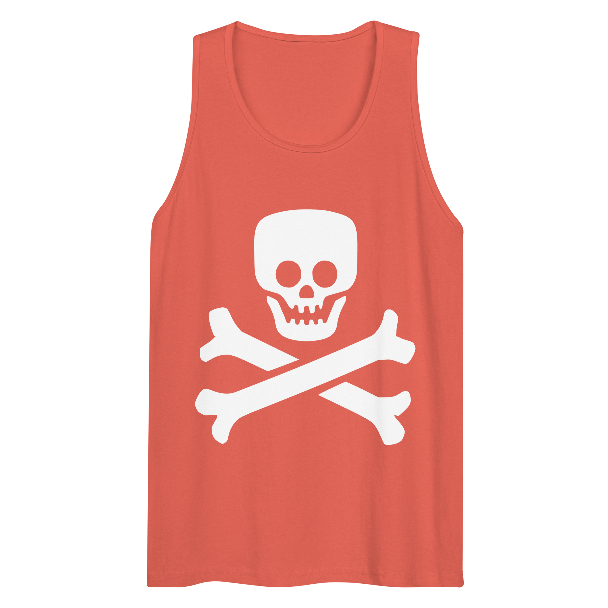 Wrinkled coral 100% airlume cotton t-shirt featuring classic fan-made jolly roger skull design. Item is a BRKDrip summer wear premium tank top with a vintage pirate building blocks aesthetic.