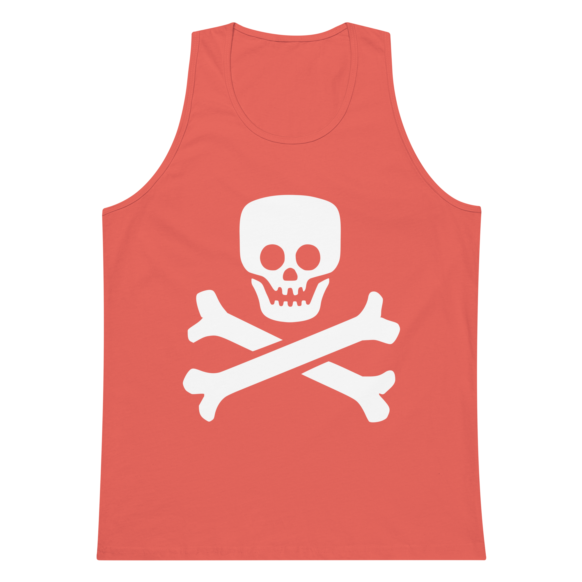Coral 100% airlume cotton t-shirt featuring classic fan-made jolly roger skull design. Item is a BRKDrip summer wear premium tank top with a vintage pirate building blocks aesthetic.
