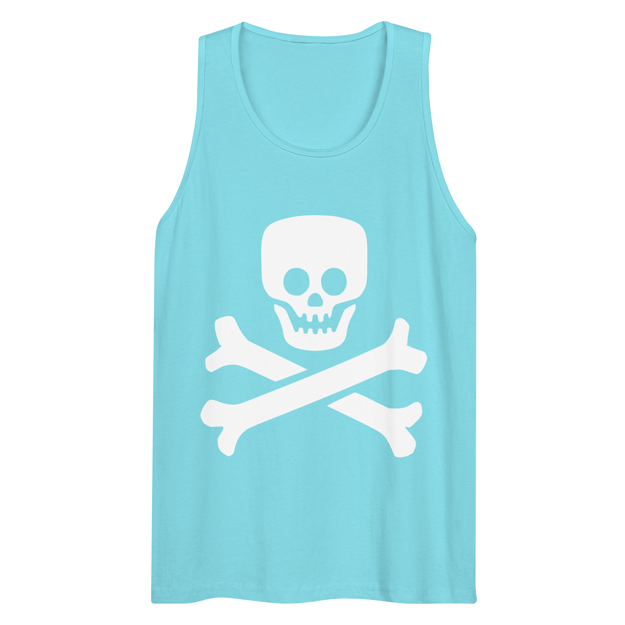 Wrinkled pacific blue 100% airlume cotton t-shirt featuring classic fan-made jolly roger skull design. Item is a BRKDrip summer wear premium tank top with a vintage pirate building blocks aesthetic.