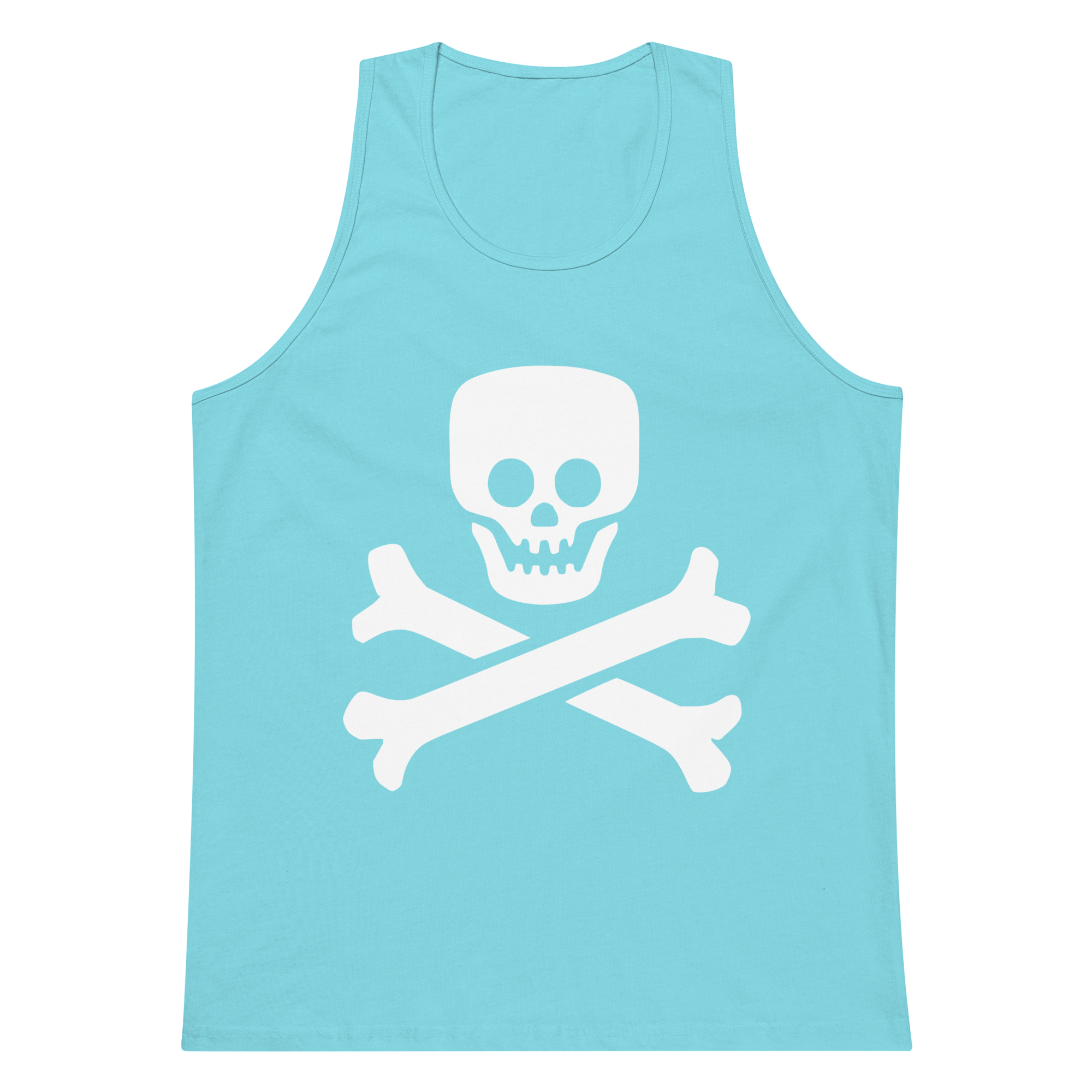 Pacific blue 100% airlume cotton t-shirt featuring classic fan-made jolly roger skull design. Item is a BRKDrip summer wear premium tank top with a vintage pirate building blocks aesthetic.