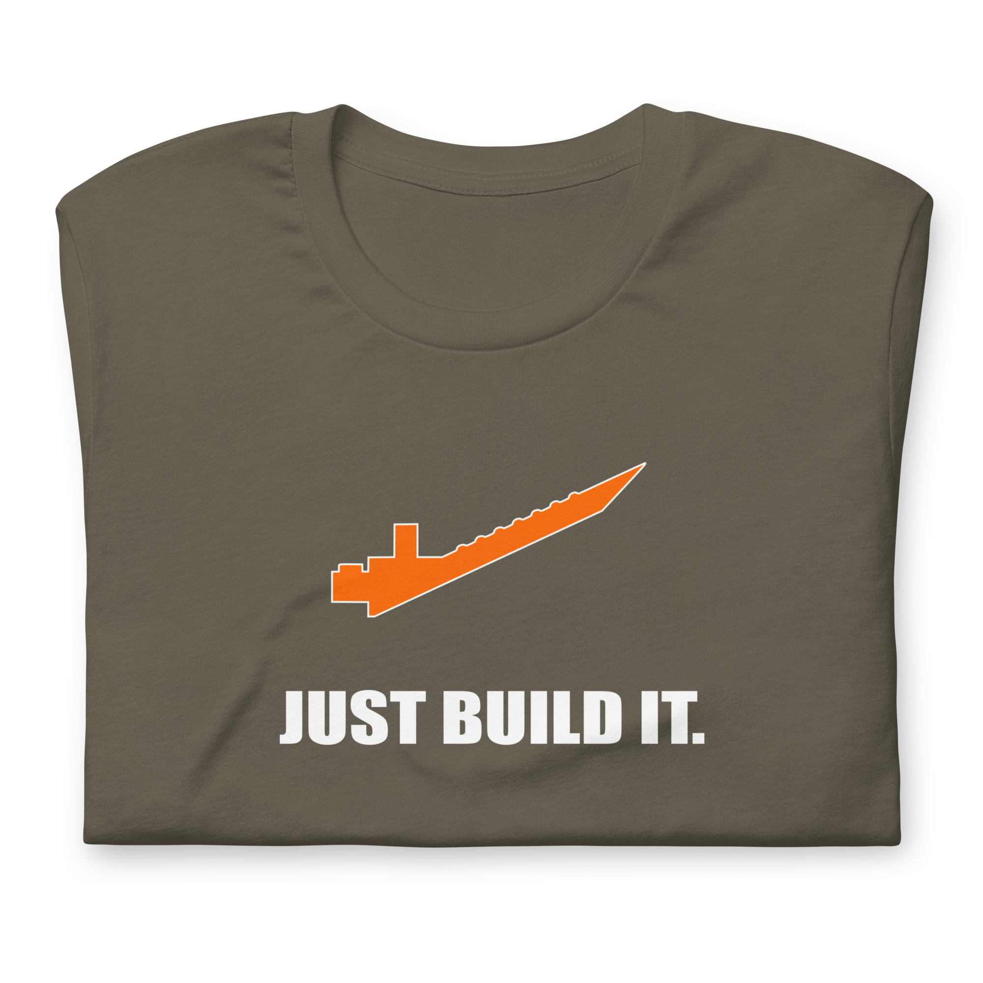 Folded army green 100% airlume cotton t-shirt featuring orange brick separator and parody AFOL saying: "Just Build It". Item is a BRKDrip AFOL essentials shirt with a modern brick-inspired aesthetic.